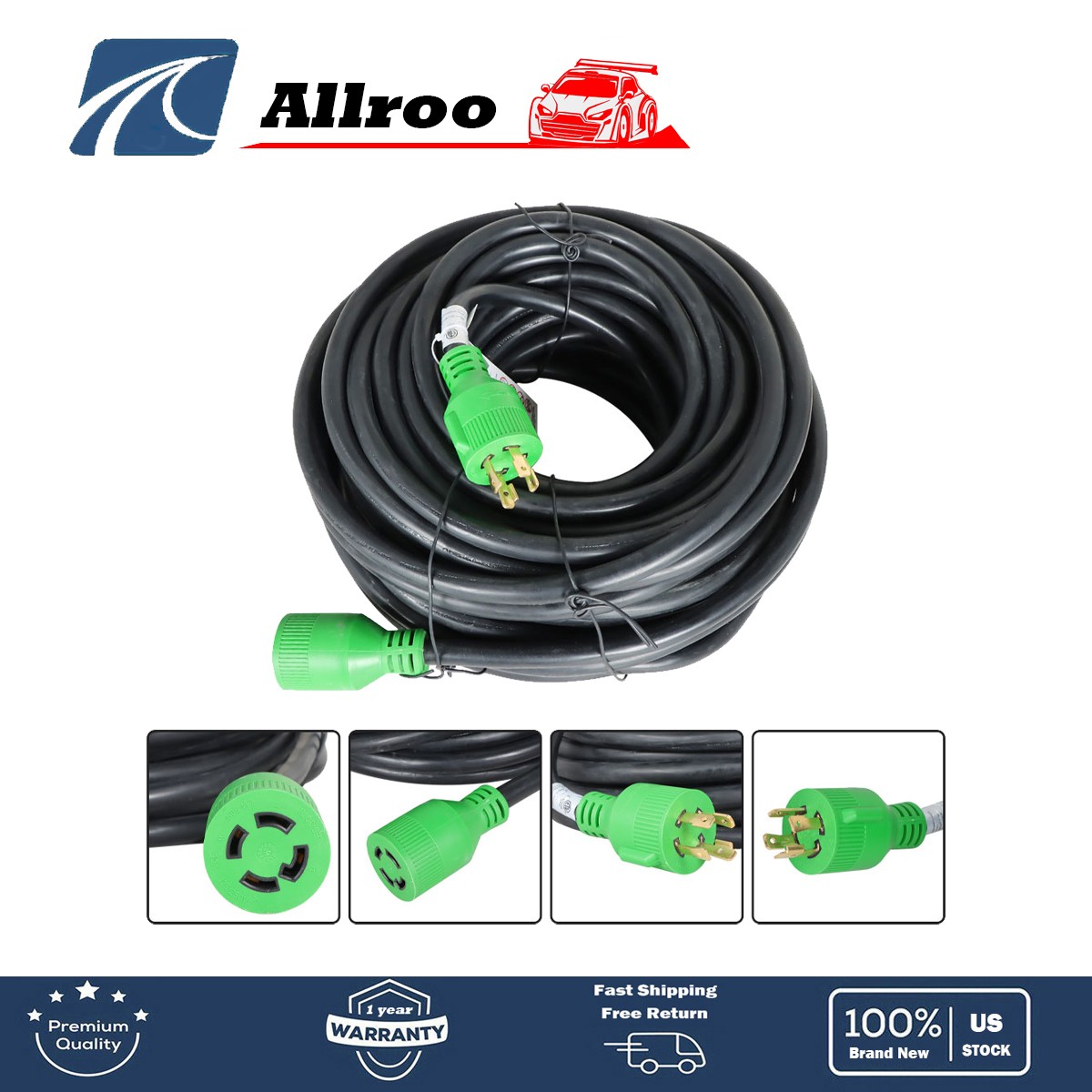 4 Prong 30 Amp 100 Foot Generator Extension Cord NEMA L14-30P/L14-30R 125/250V