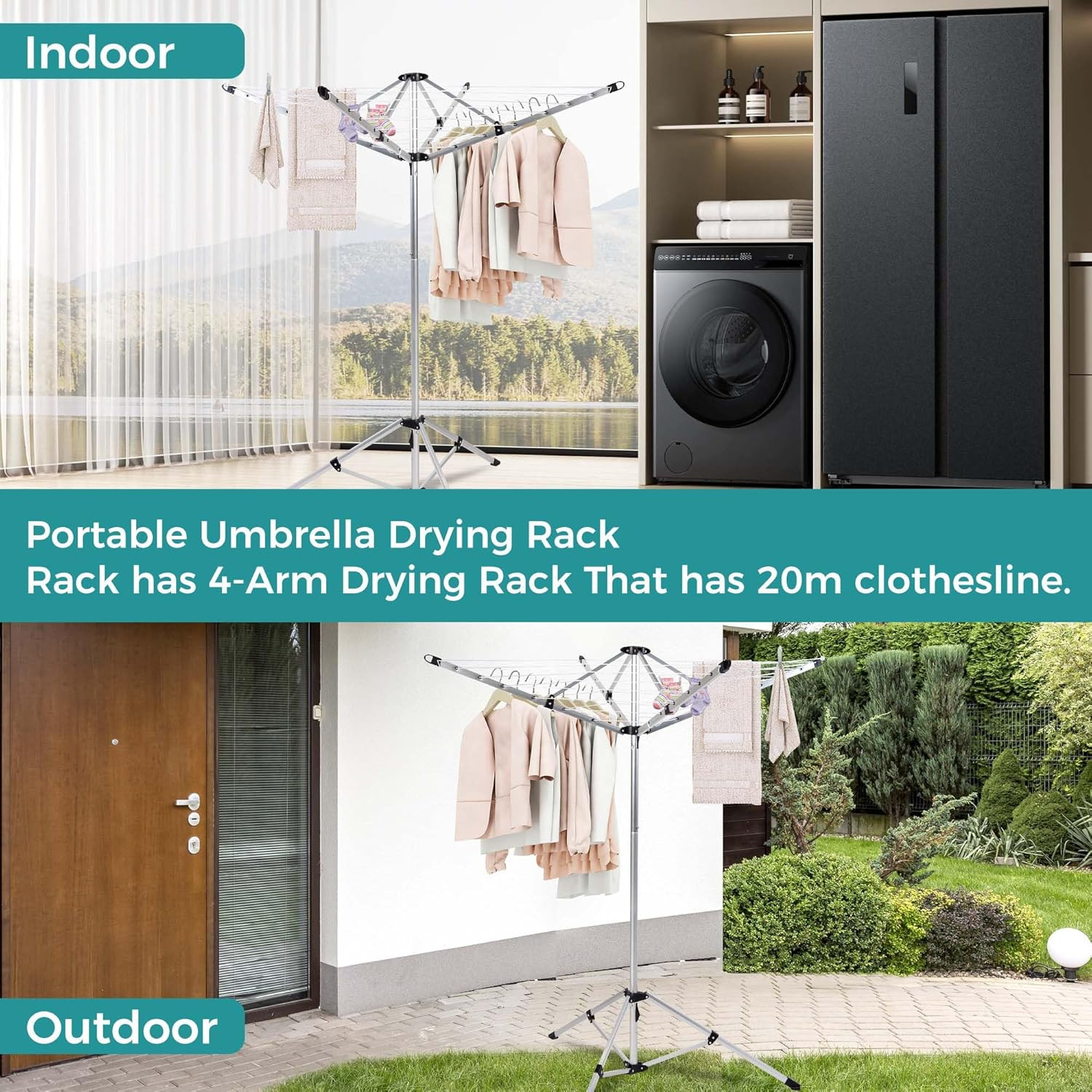 Heavy Duty 4-Arm Umbrella Clothesline, 65ft Drying Space, Adjustable Height