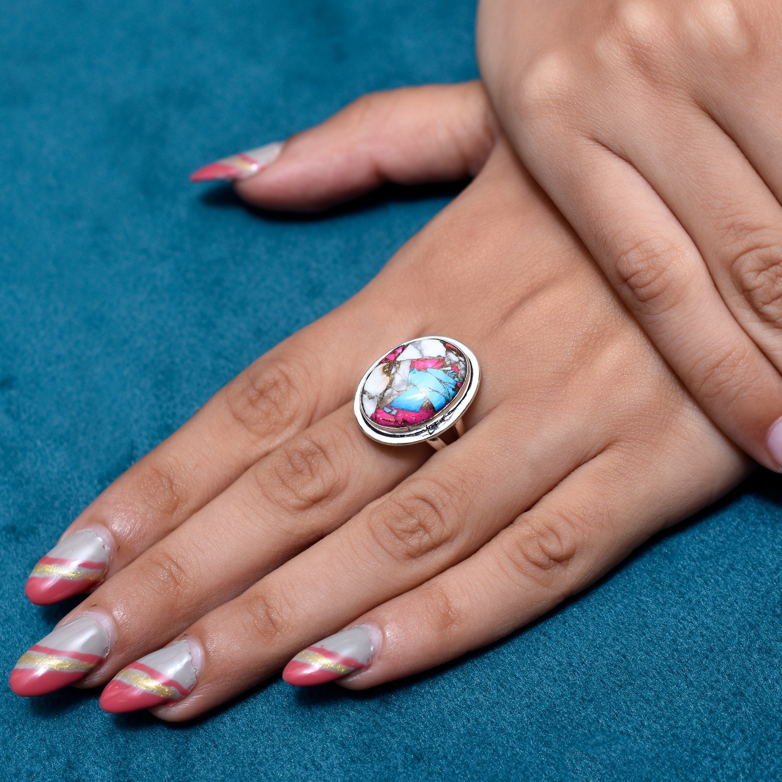 Solid-925 Sterling Silver Beautiful Gemstone Cotton Candy Turquoise Women Ring