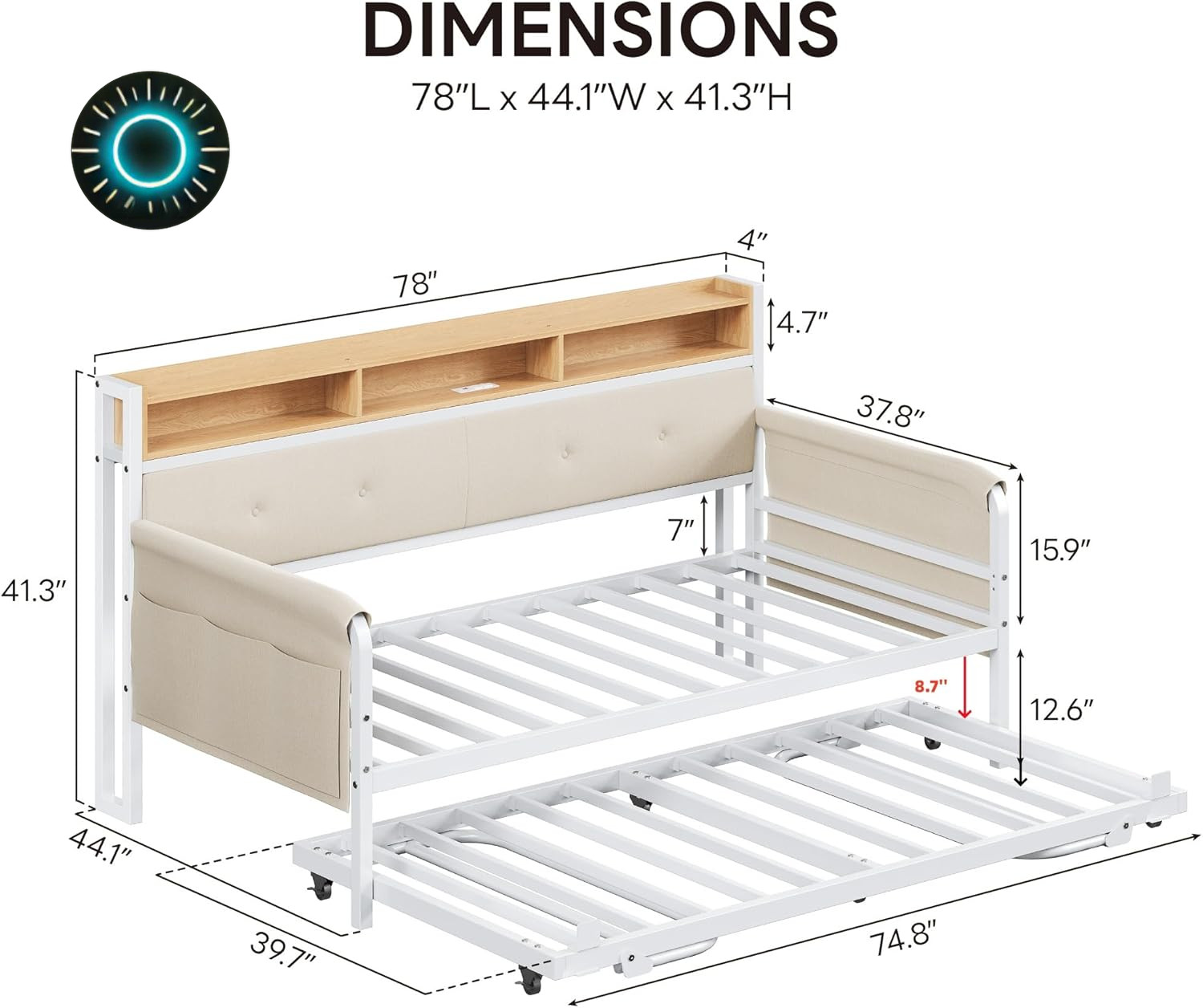 Stylish Twin Daybed with Trundle Upholstered Headboard & Charging Station NEW