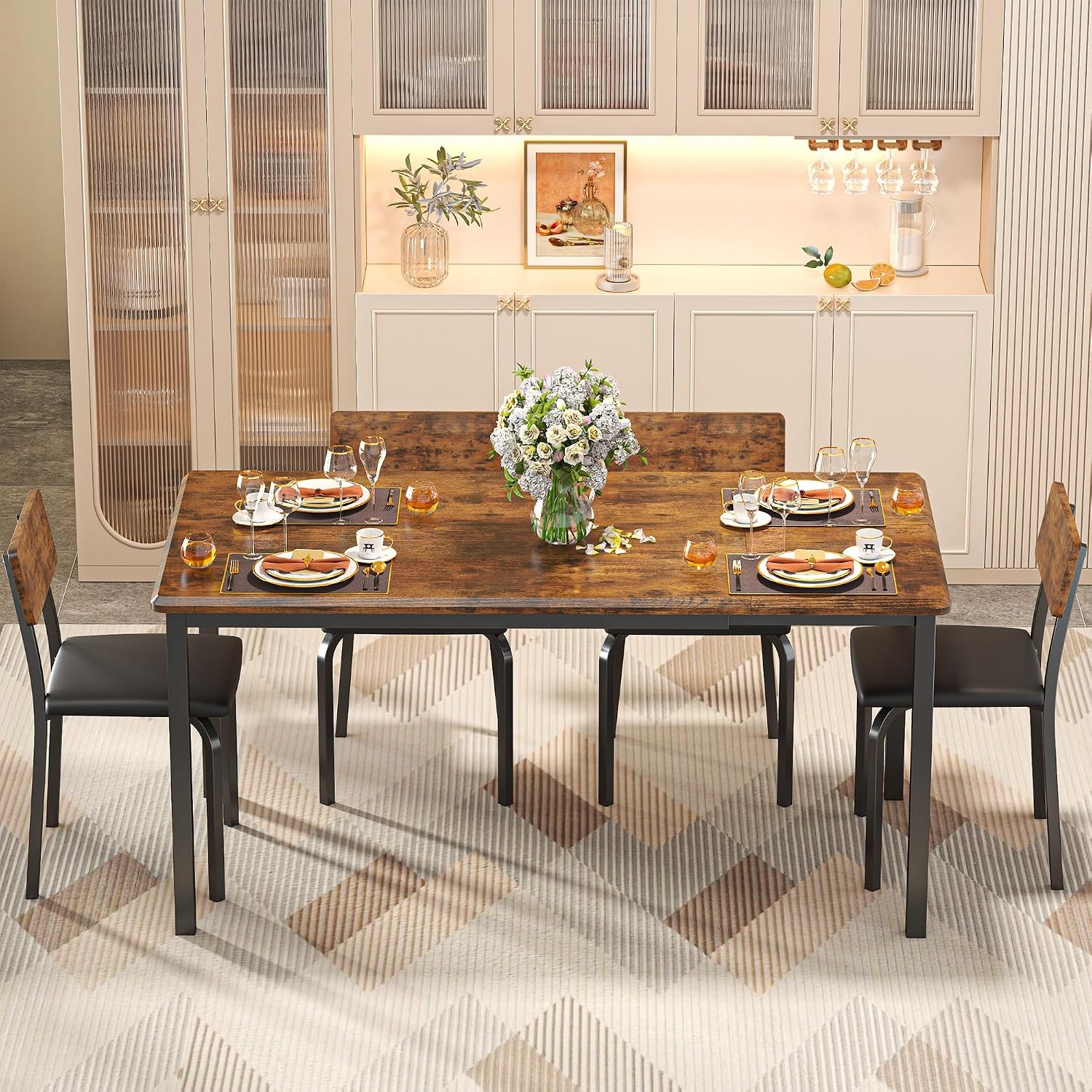 5-Piece 63" Extendable Dining Table W/ 4 Upholstered Chairs Kitchen Table Set