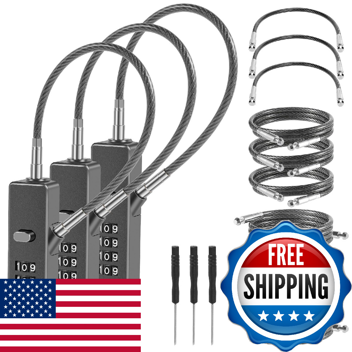 Tksdwblty 3Pack Wire Padlock Snowboard Lock Combination Cable Lock 4-Digit Ski