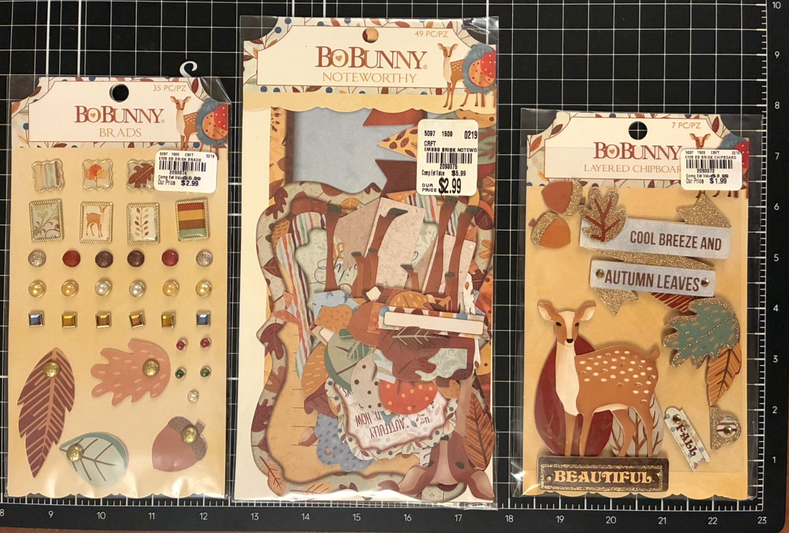Bo Bunny BEAUTIFULLY BRISK Fall LOT LAYERED CHIPBOARD, NOTEWORTHY & BRADS