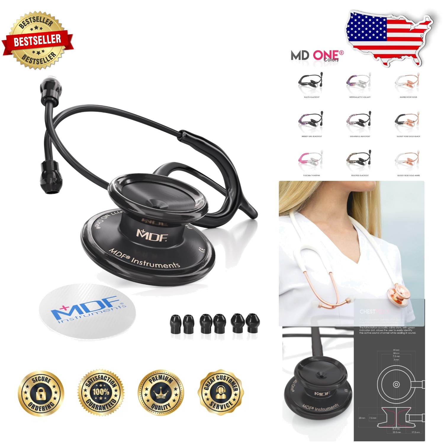 MD One Deluxe Stainless Steel Stethoscope, Adult, Black, Superior Sound Clarity
