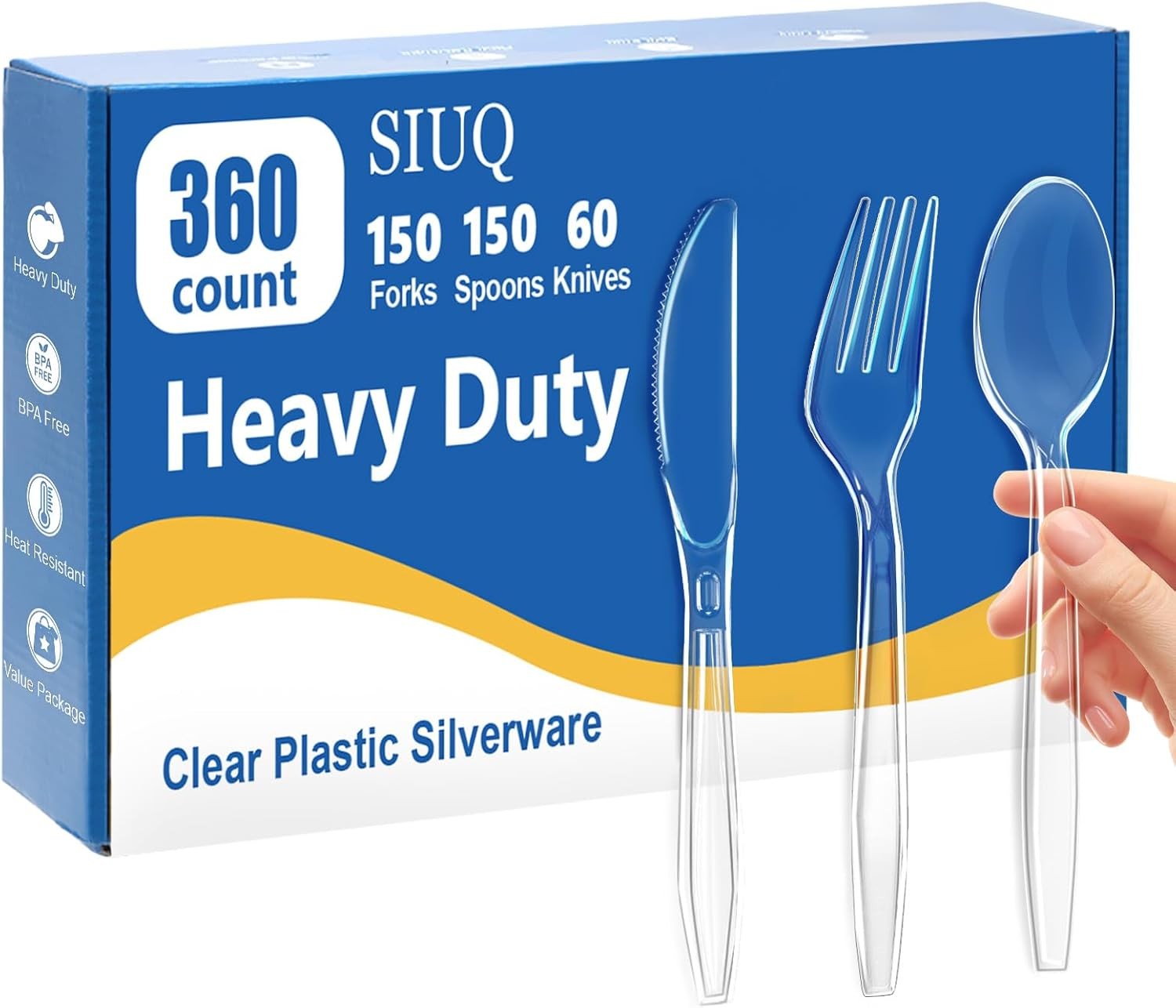 Heavy Duty Clear Plastic Sierware, 150 Forks, 150 Spoons, 60 Knives