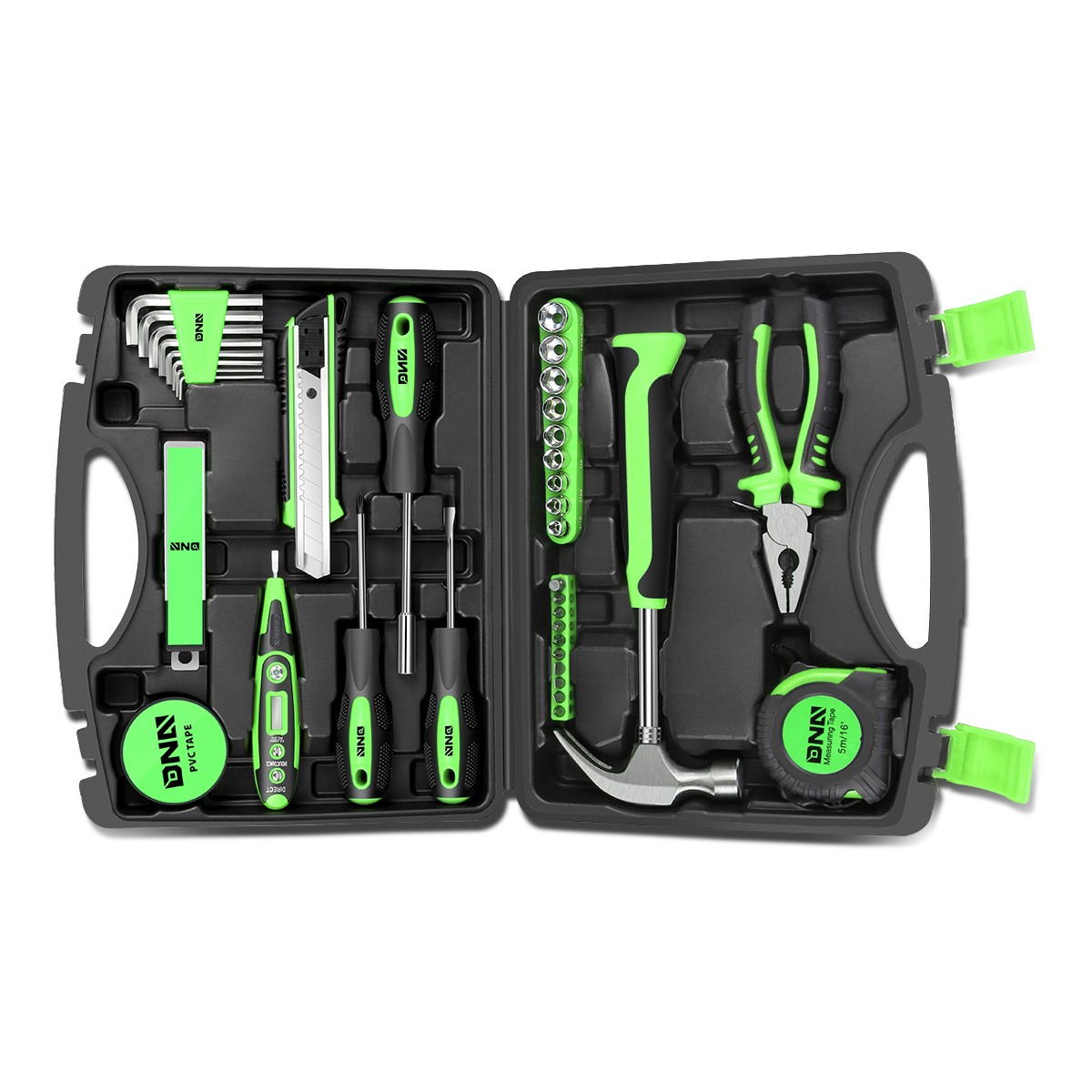 46Pc Green Home Repair Hand Tool Set Toolbox Screwdriver Hammer Test Pen Socket