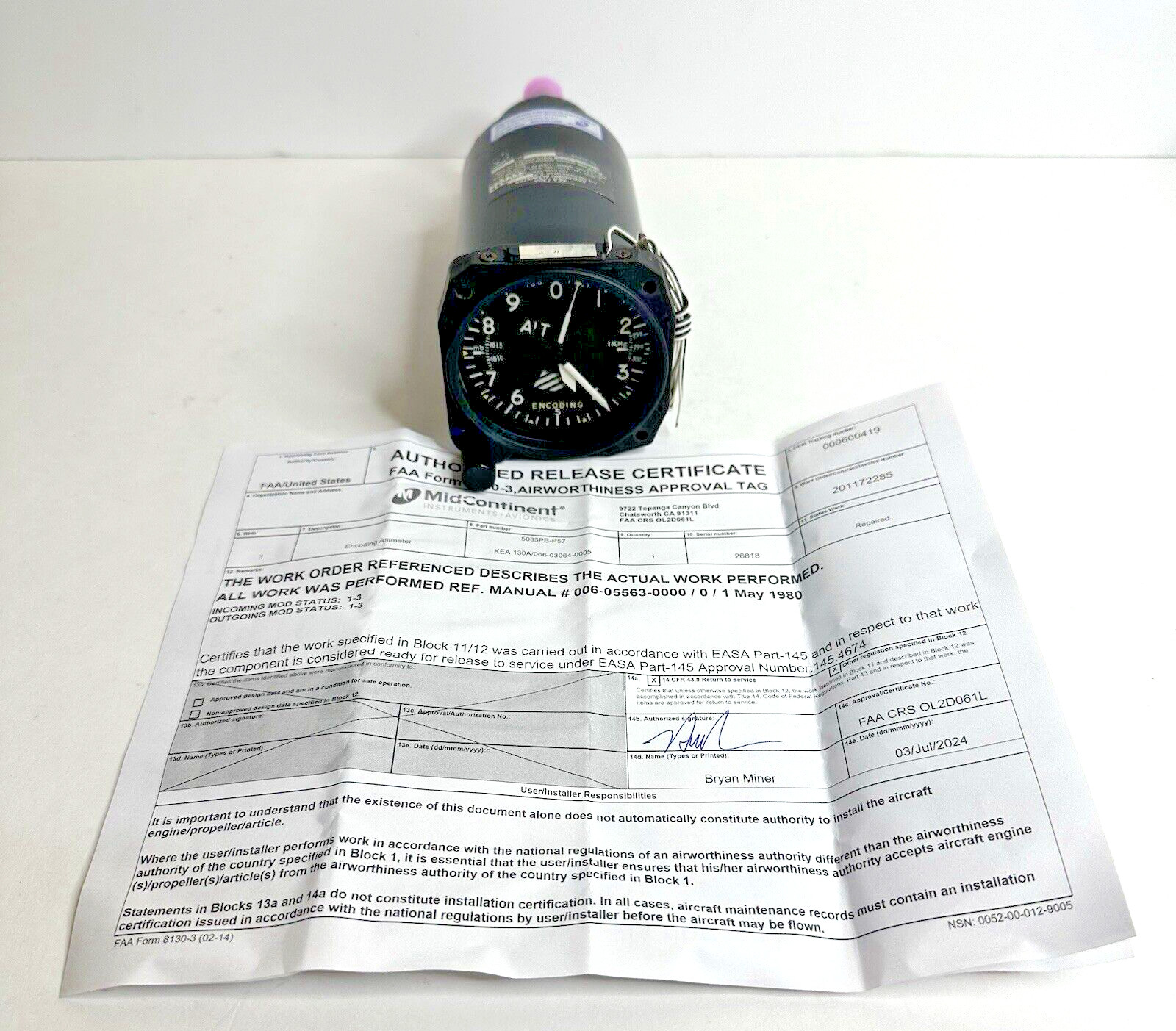 Bendix King KEA 130A Encoding Altimeter 066-03064-0005 Repaired with FAA 8130-3