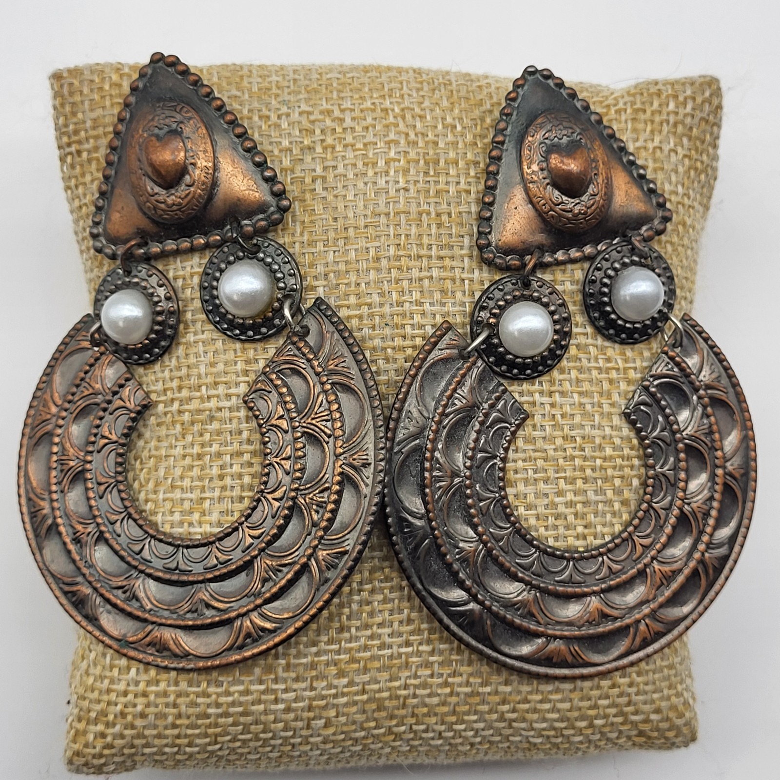 Whimsical artisan faux pearl dangle earrings bold western statement