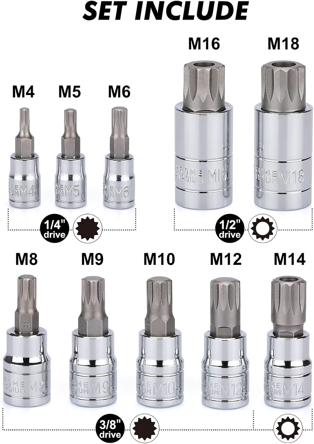 CASOMAN 10 Piece Spline Tip Bit Socket Set, M-Type, S2 and Cr-V One Size