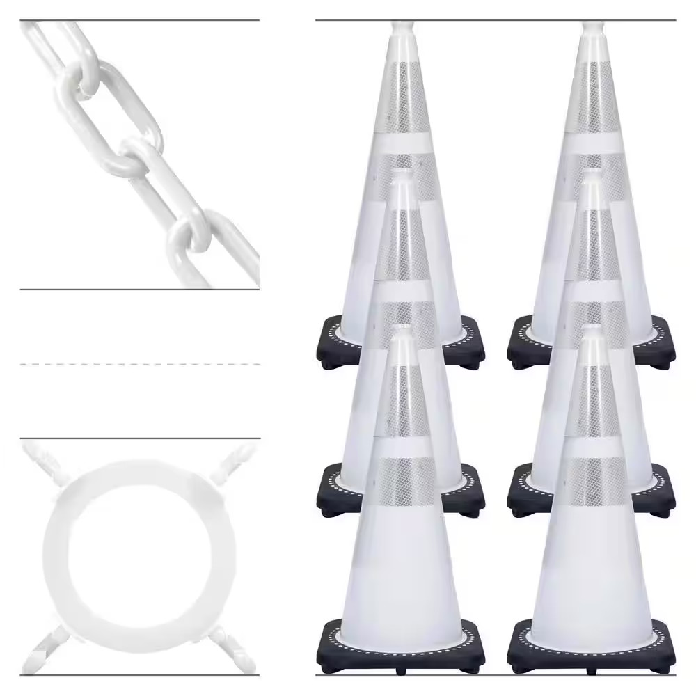 28 In. White Reflective Traffic Cone and Chain Kit