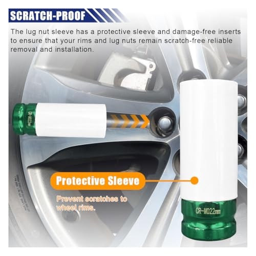 1/2" Drive 22 mm Lug Nut Impact Socket, Non-Marring Deep Lug Nut Socket, 22mm