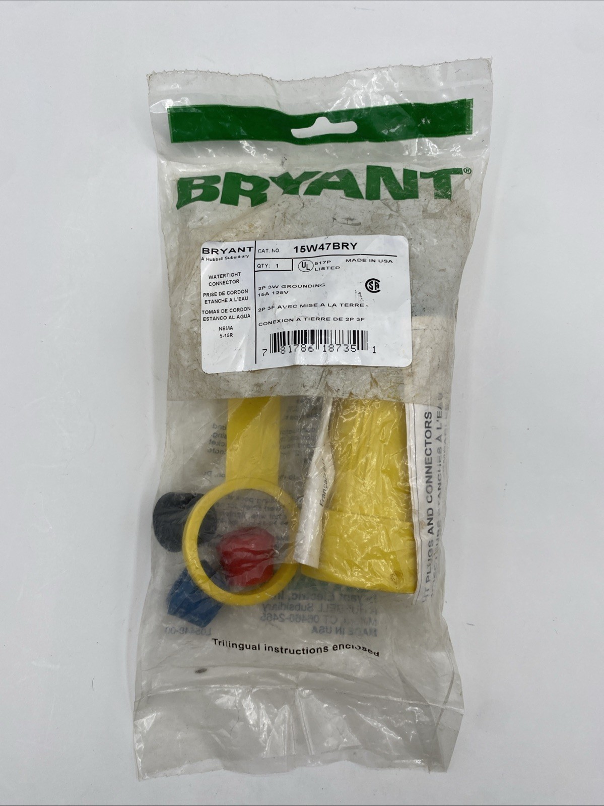 Hubbell Bryant 15W47 Water Tight Plug NEMA 5-15R Female 15A 125V 2P 3W Sealed