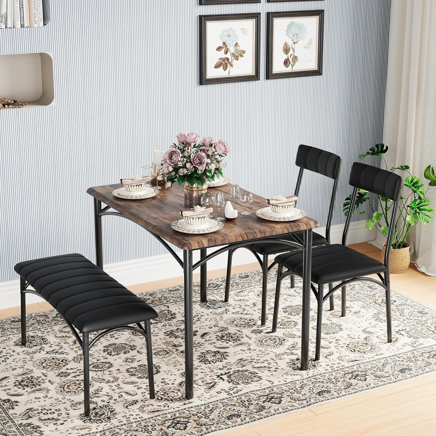 Dining Table Set 4 Space-Saving Wood Kitchen Table W/ Upholstered Bench & 2