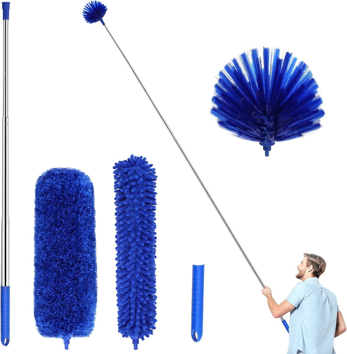 Professional Cleaning Microfiber Duster Set - Telescopic, Washable, 5 Color Blue