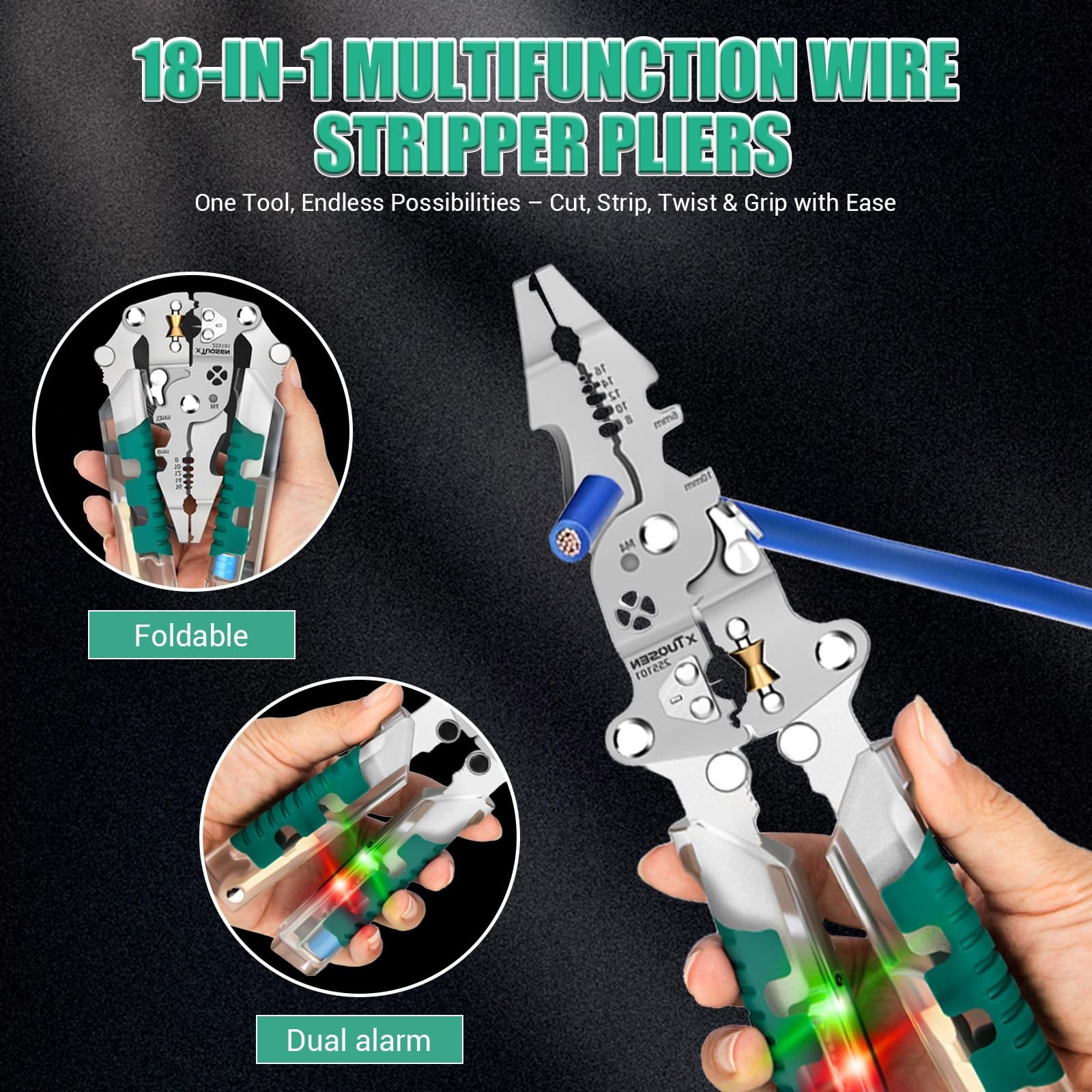 18-in-1 Wire Stripper & Multi-Tool Pliers, Foldable Green and Silver