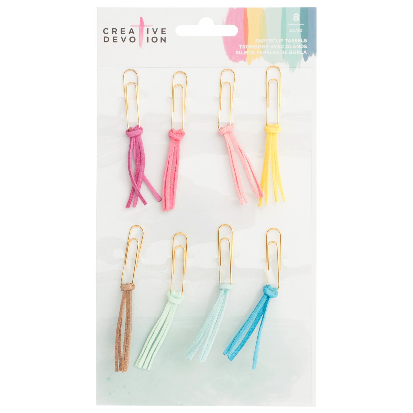 American Crafts Creative Devotion Metal Paper Clips 8/Pkg-Gold W/Faux Suede Tass