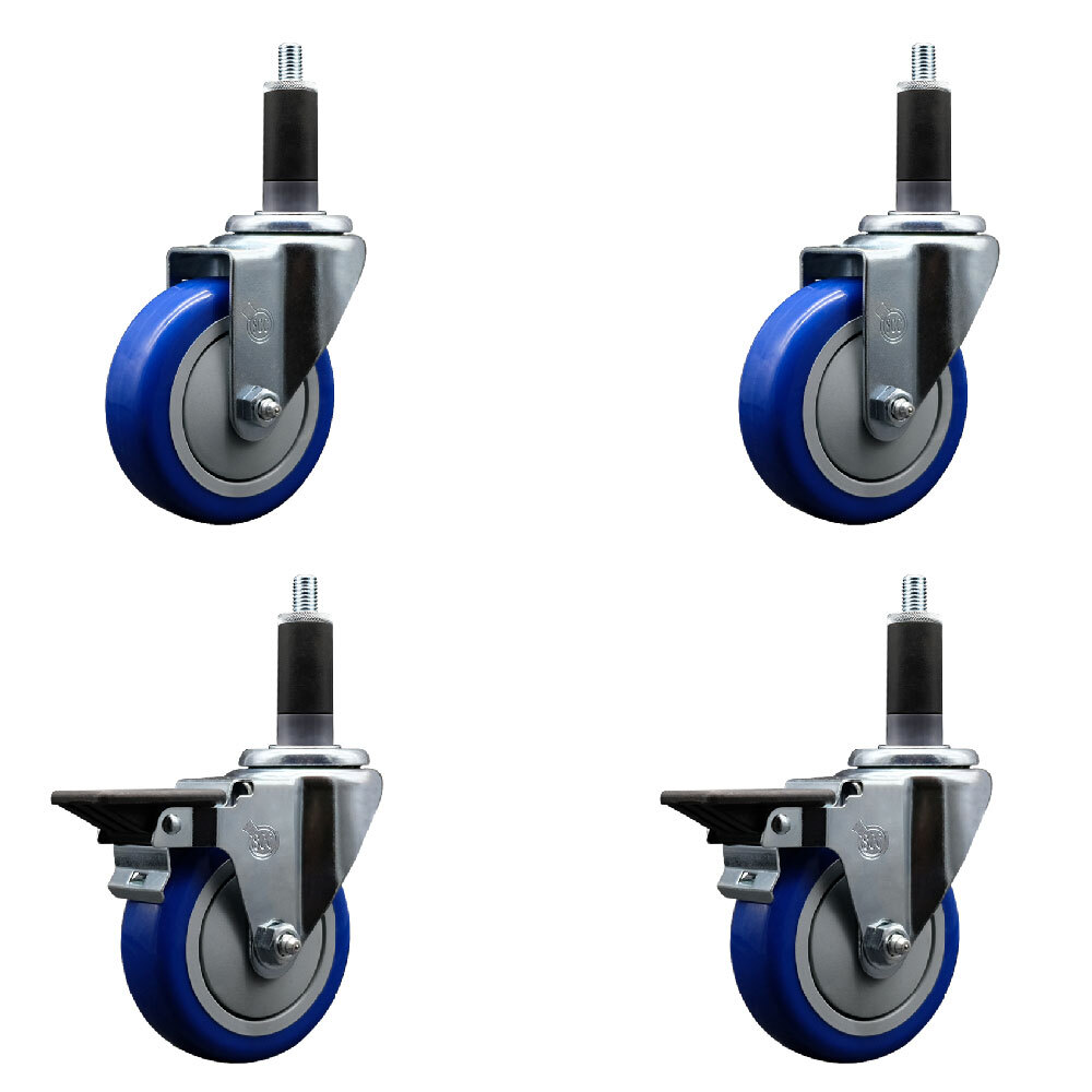 4 Inch Blue Poly Wheel Swivel 1-1/8 Inch Expanding Stem Caster Set 2 Brakes SCC