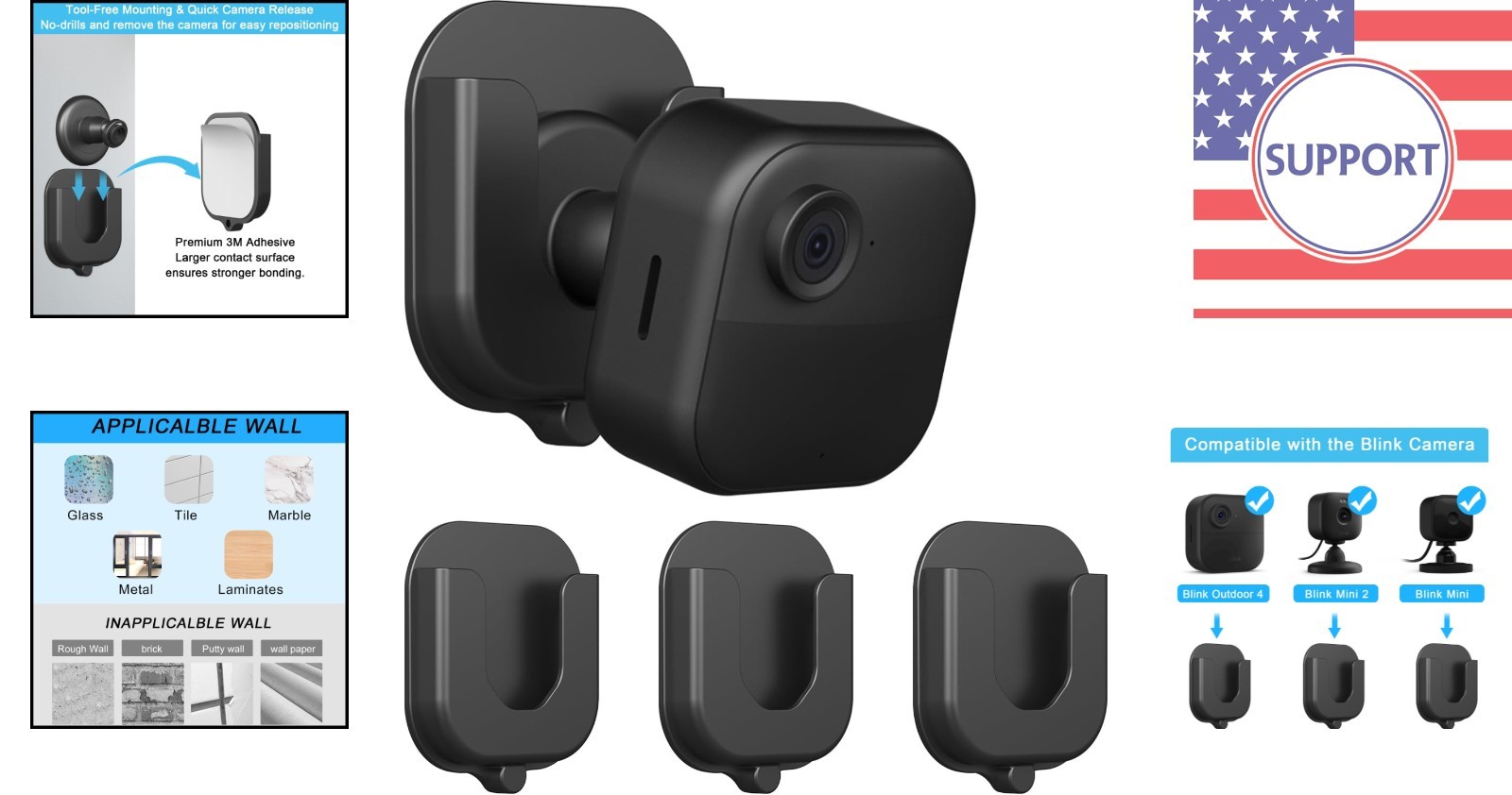 360° Adjustable Adhesive Wall Mount Bracket for Blink Security Cameras - 3-Pack