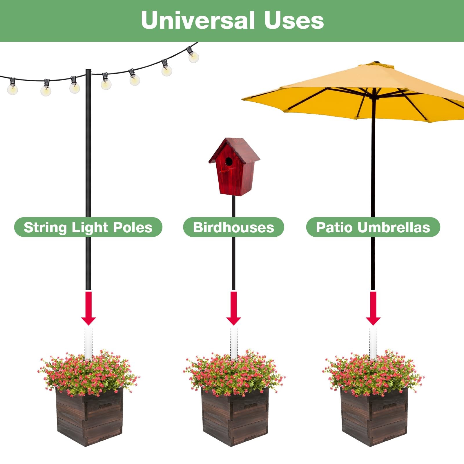 Large Decorative Wooden Planter w/ Universal Pole Support for String Light Po...