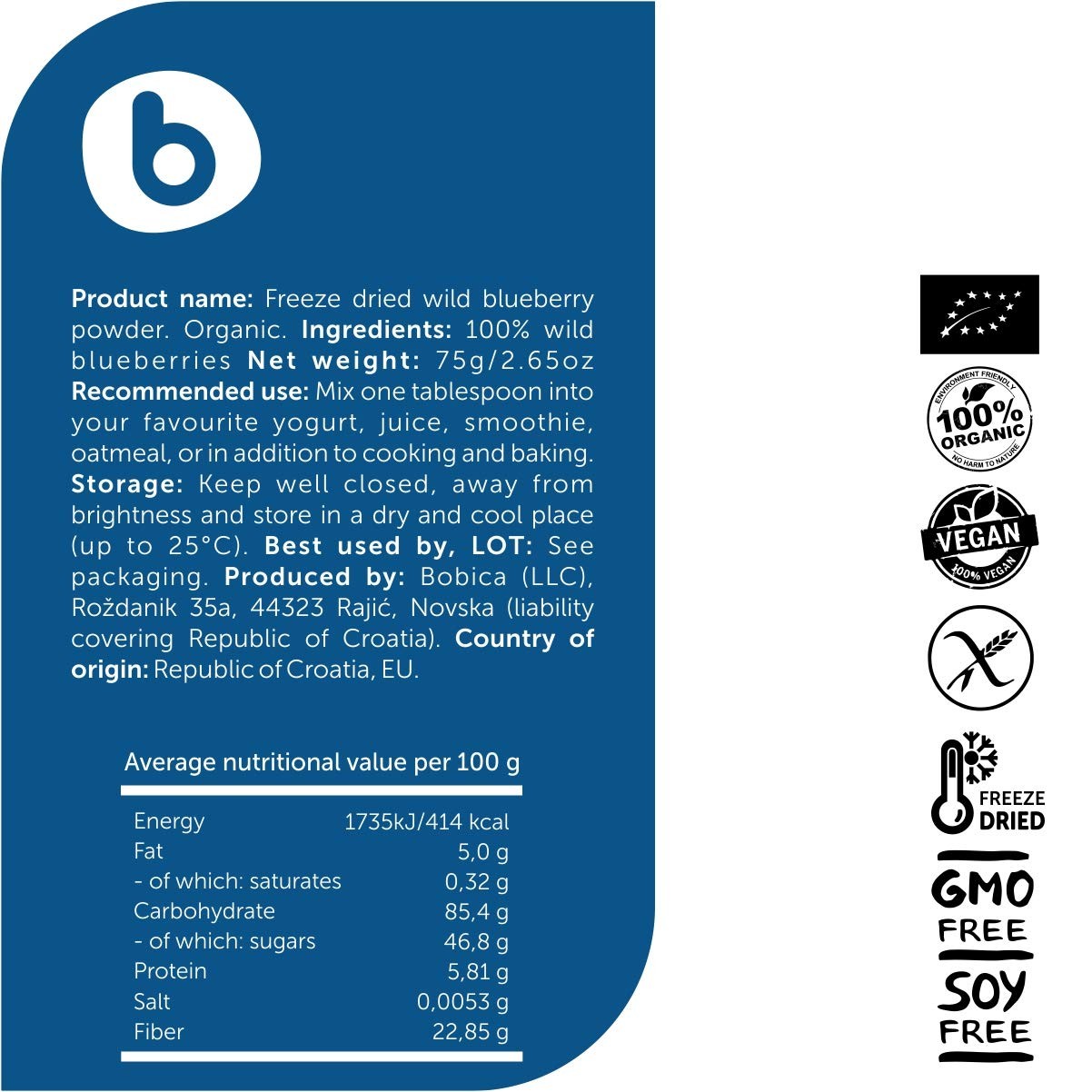 Organic Wild Blueberry Powder, Bilberry Powder - from Freeze Dried Blueberrie...