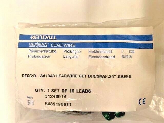 ECG LEADWIRE SINGLE D-3A1340 SNAP/DIN 24" or 40 " GREEN NEW