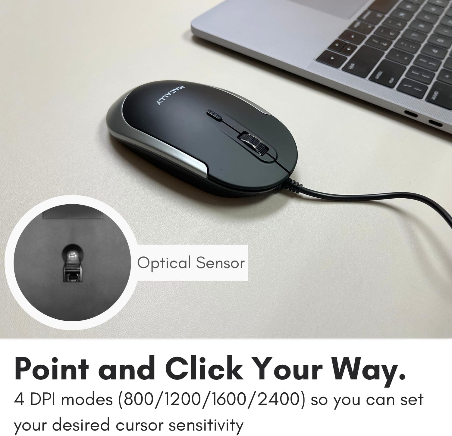 Macally Silent Wired Mouse - Slim & Compact USB Black with Space Gray Trim