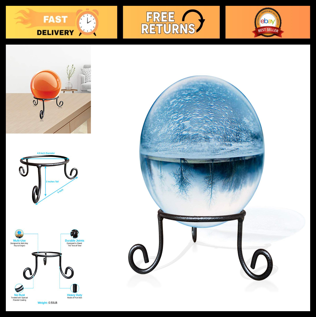 Black Iron Gazing Globe Stand - Wrought Iron Sphere Holder for Crystal Balls & G