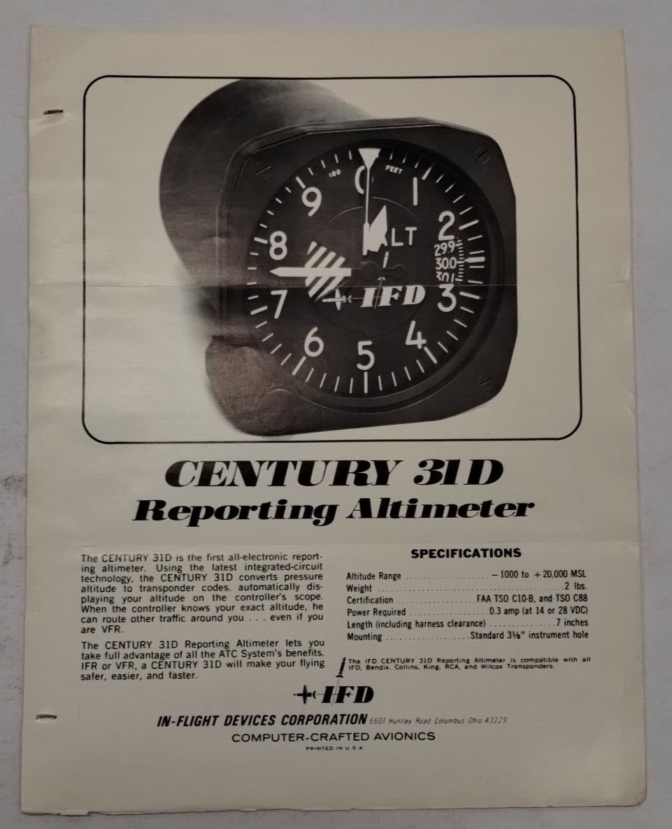 IFD Century 31D Reporting Altimeter August 25, 1971-Original