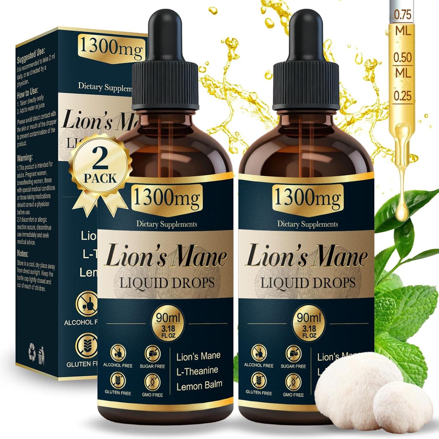 2 Pack*90Ml Lions Mane Liquid Drops Organic Mushrooms Supplement with L-Theanine