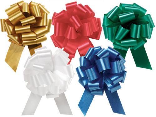 25 PULL BOWS 5 1/2" Christmas *Shimmery Satin* RED GOLD, GREEN, WHITE  & BLUE