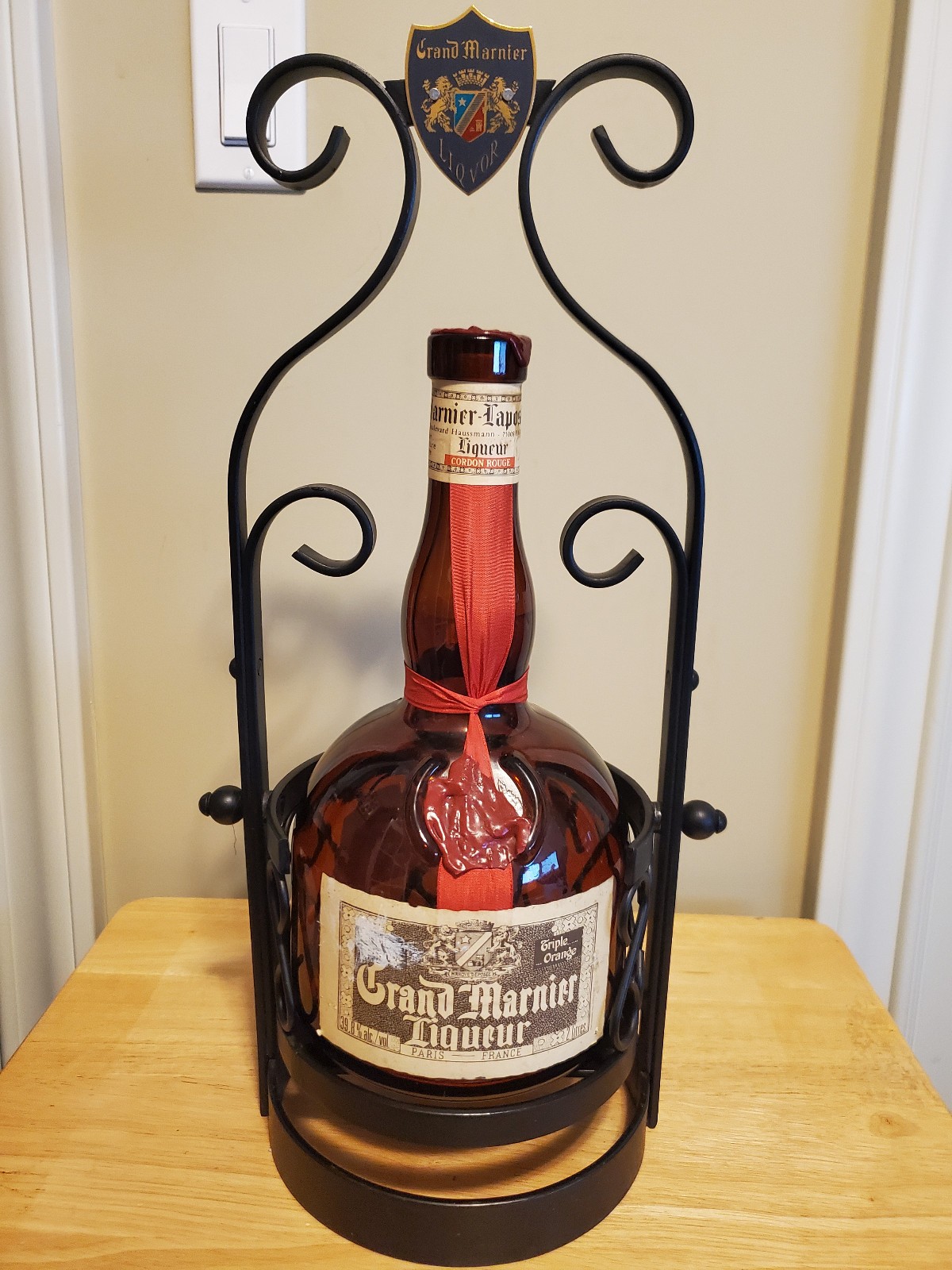 Vintage Grand Marnier Liqueur Empty 2L Bottle with Tilting Wrought Iron Stand