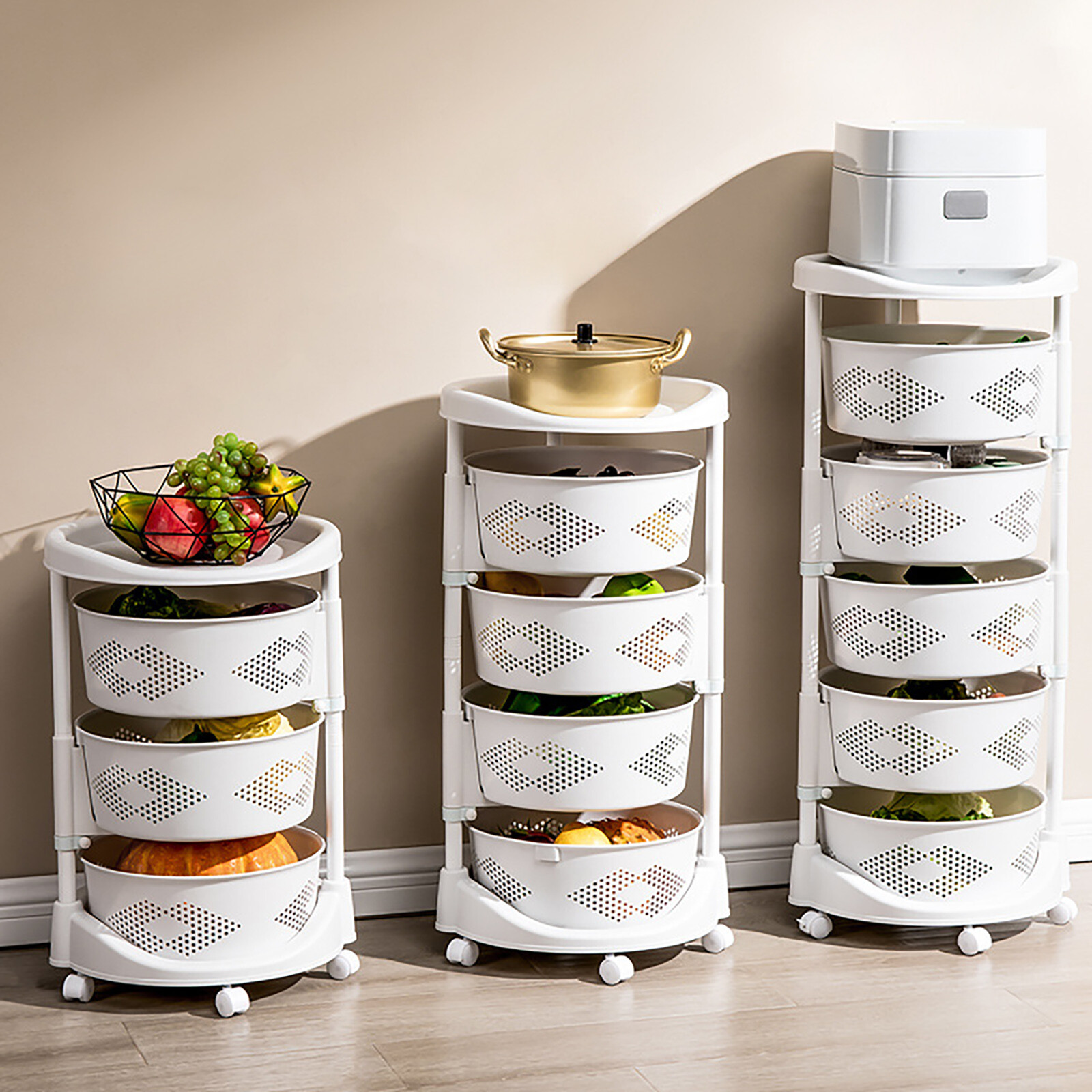 Storage Basket With Wheels Vegetable Rotating Basket Rack Kitchen Organizer New