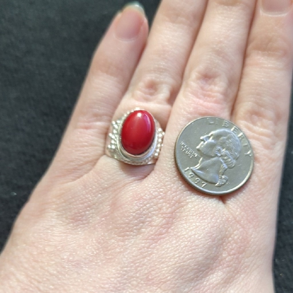 Silver Plated Red Coral Gemstone Oval Chunky Statement Ring - Size 6.5