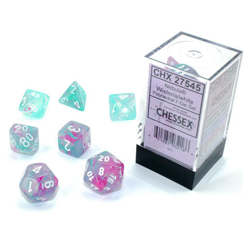 CHX27545 Chessex Nebula: Polyhedral Wisteria/white Luminary 7-Die Set