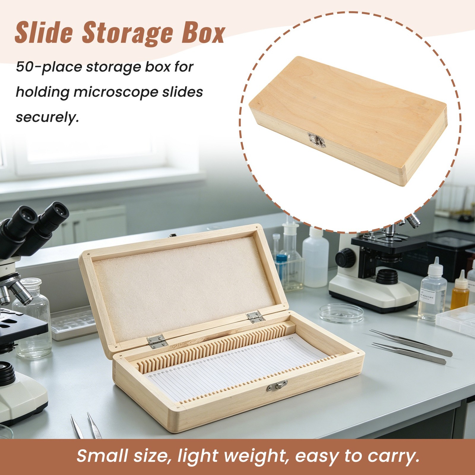 Wooden Slide Storage Box, Holds 50 Slides, Microscope Slide Box Easy2641