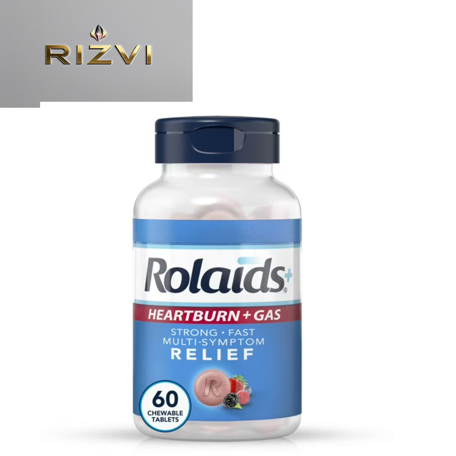 Rolaids Chewable Antacid Tablets + Gas, Acid Indigestion Berry, 60 Count