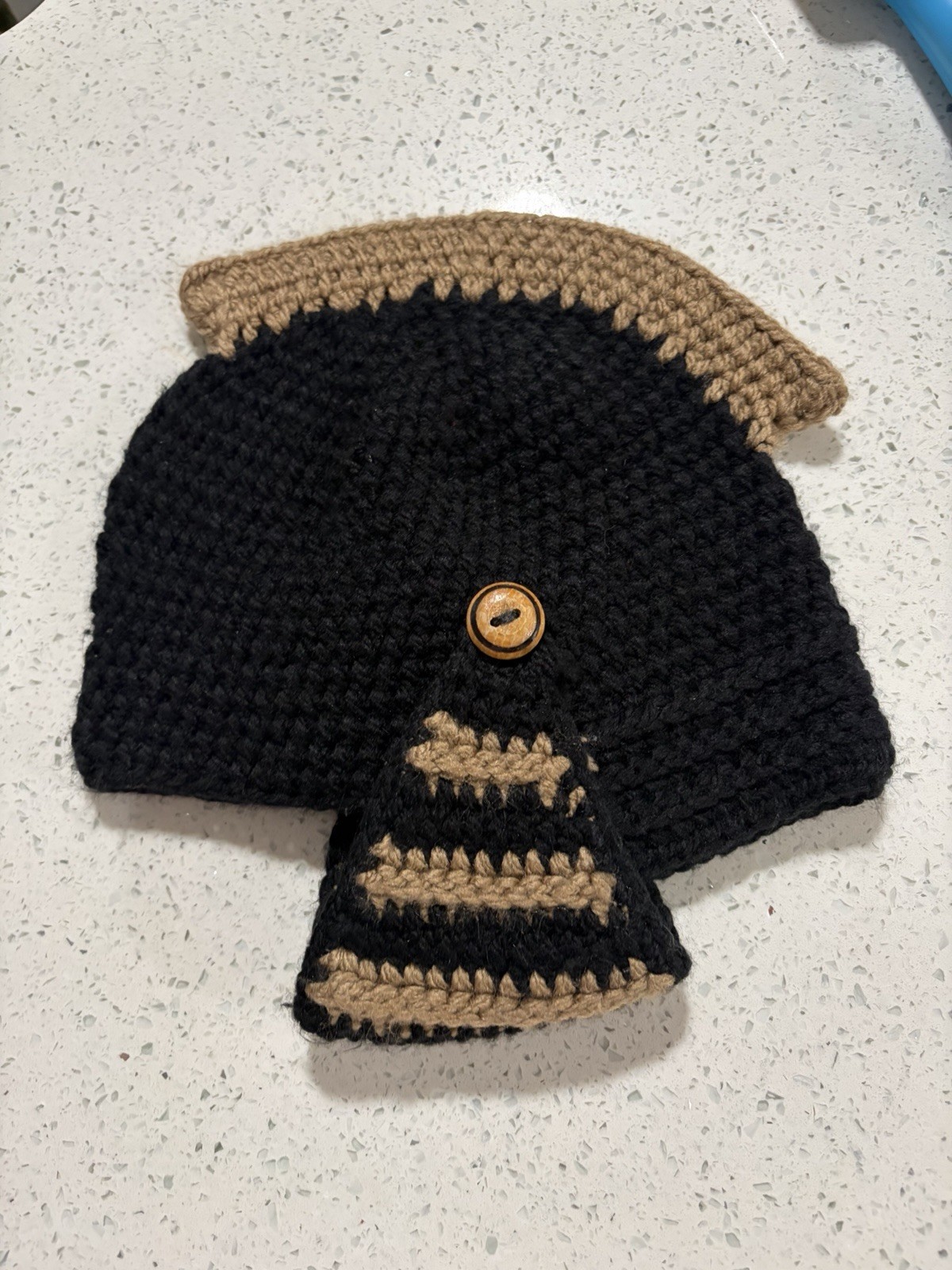 Handmade Crochet Knight Helmet Hat Black Tan with Button Accent