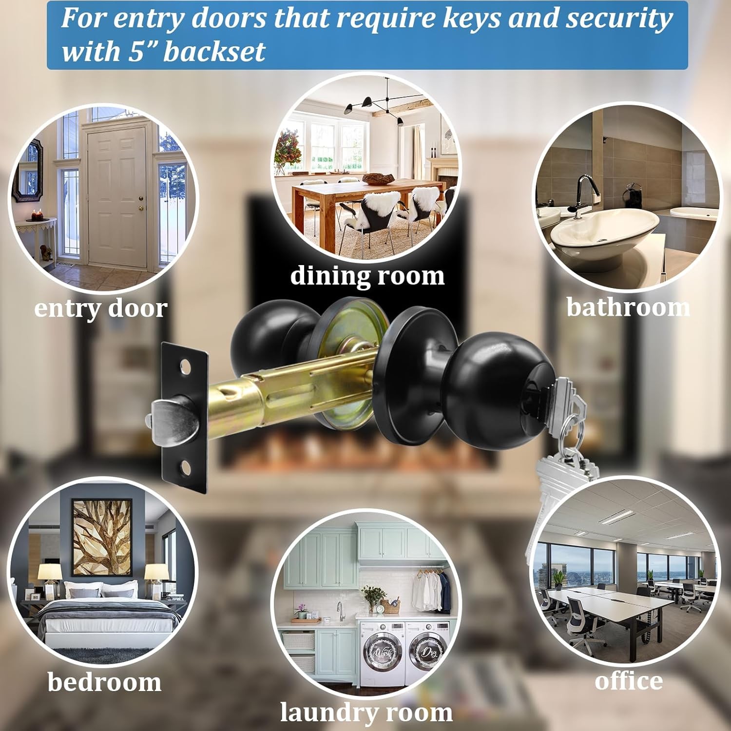 5" Backset Latch Keyed Entry Door Knob with Lock and Key, Standard Square Interf