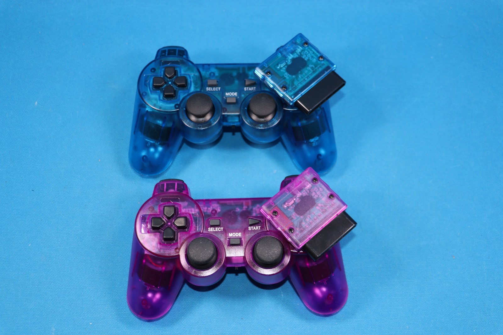 Dual Vibration WIRELESS Controller FOR PLAYSTATION 2 PS2 CLEAR PURPLE BLUE 2 SET