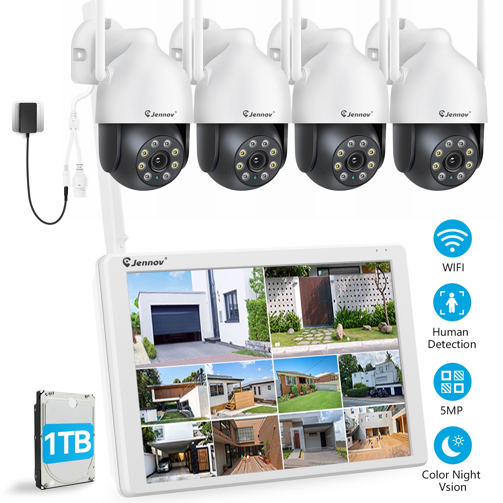 4Pcs PTZ Cameras Wireless CCTV Security Camera System WiFi 8CH 5MP NVR Audio US