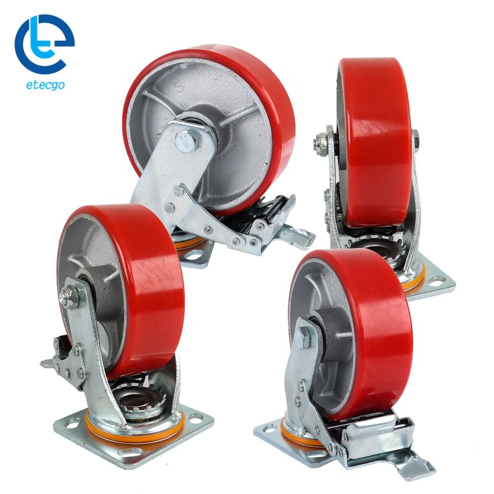 4 Piece 6 Inch Swivel Caster Wheels Heavy Duty Red Plate Total Lock Brake