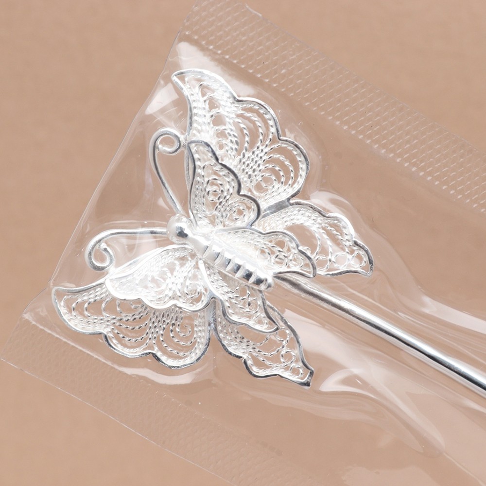 Pure S999 Fine Silver 999 Chinese Oriental Peach Butterfly Hairpin 17-18g 6.3in