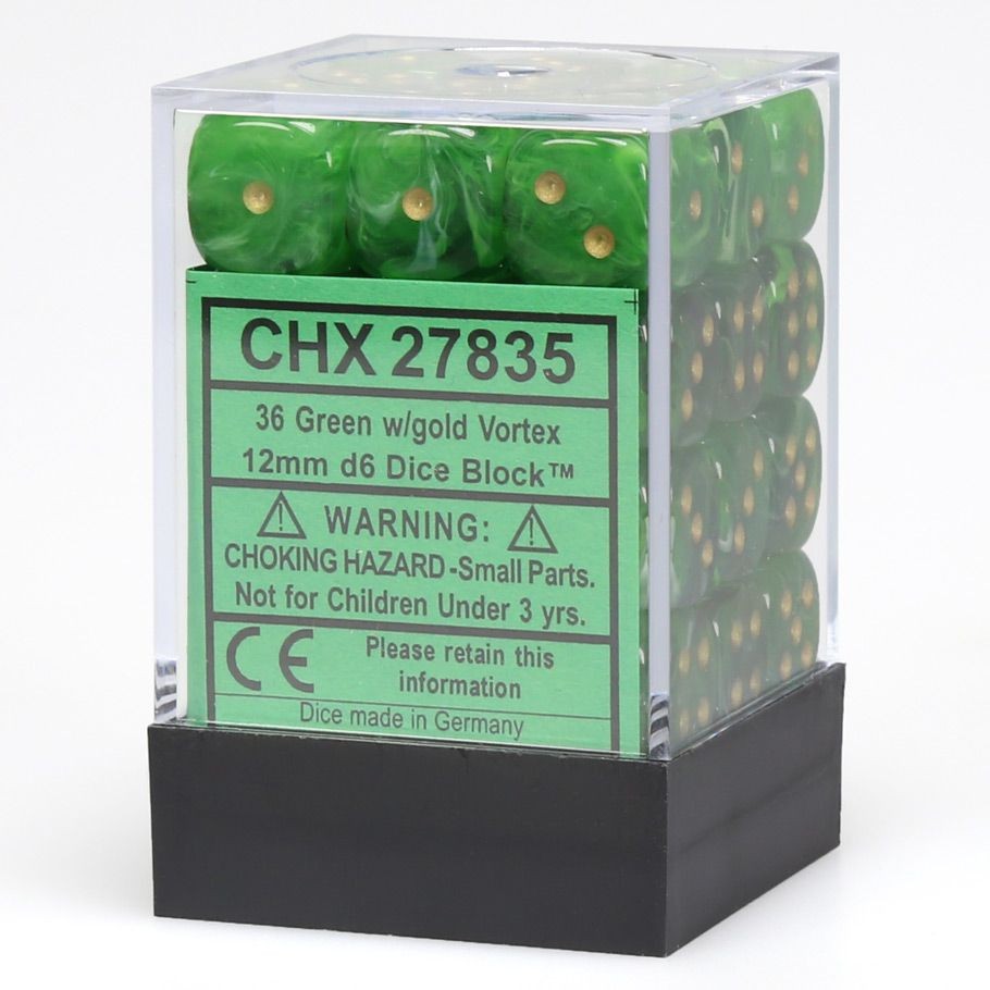 36 Green Gold Vortex D6 Dice By Chessex 12Mm Set