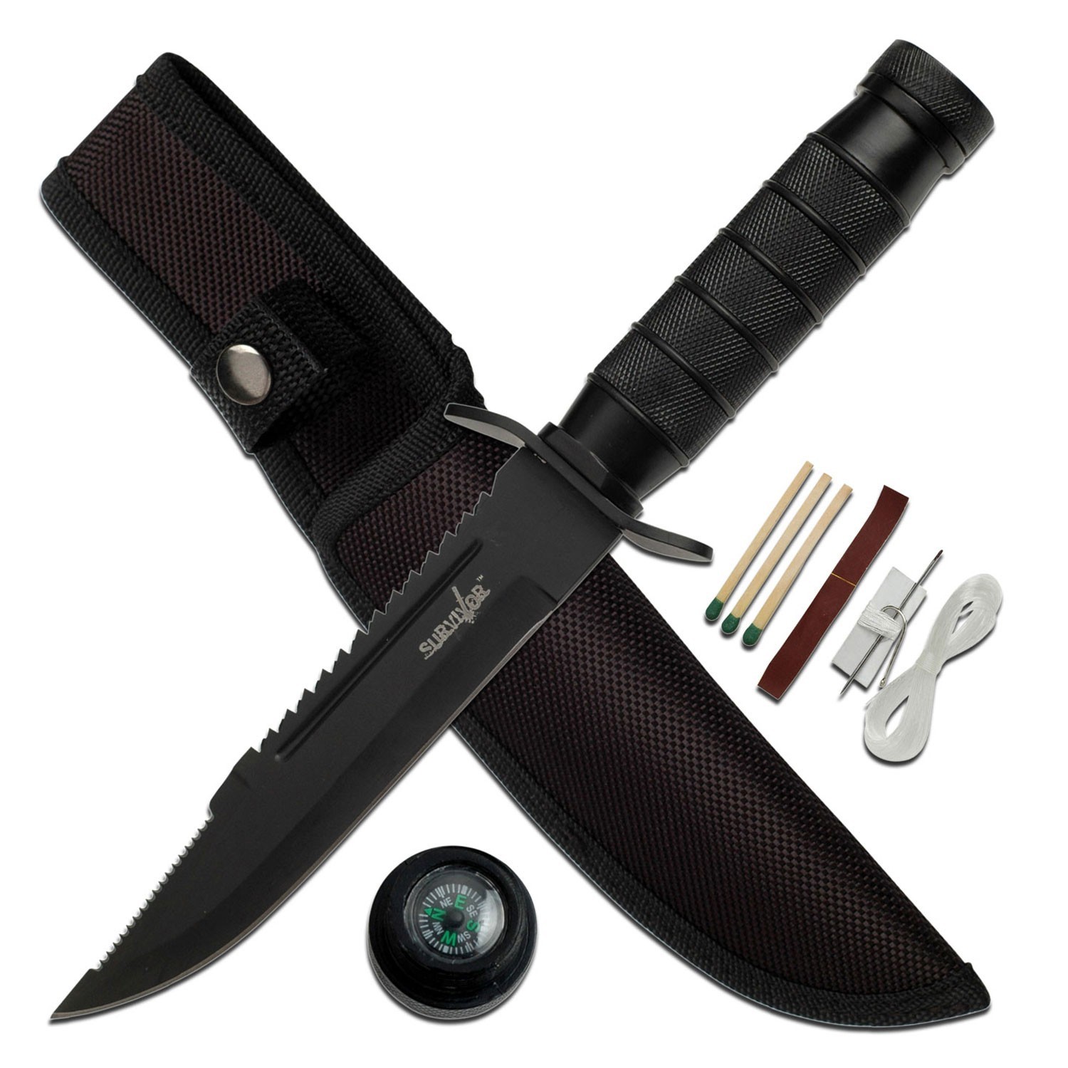 Survivor Fixed Blade Knife w/Metal Grip & Guard Handle-Nylon Sheath+Survival Kit