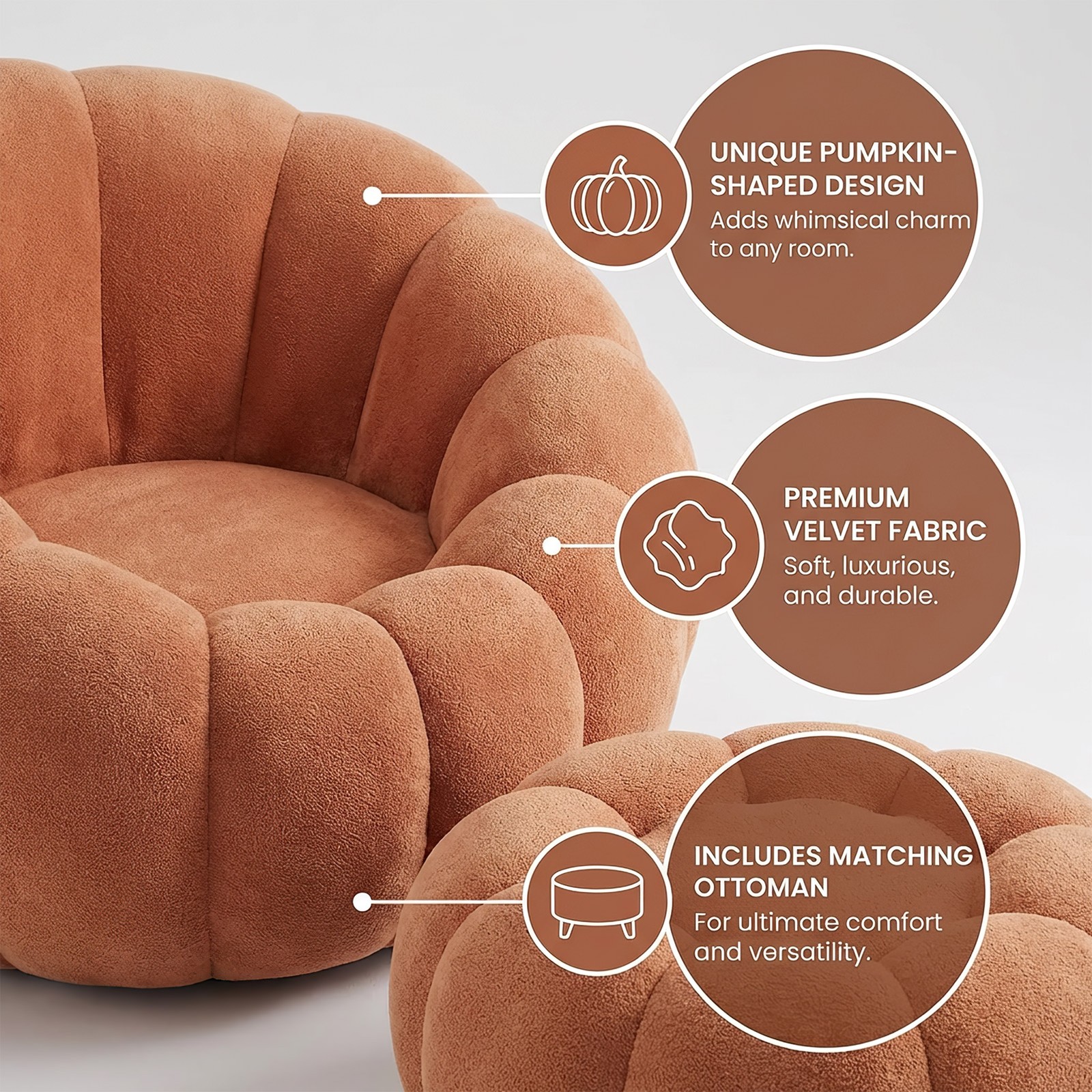 Pumpkin Shape Lounge Chair & Footstool - Brown
