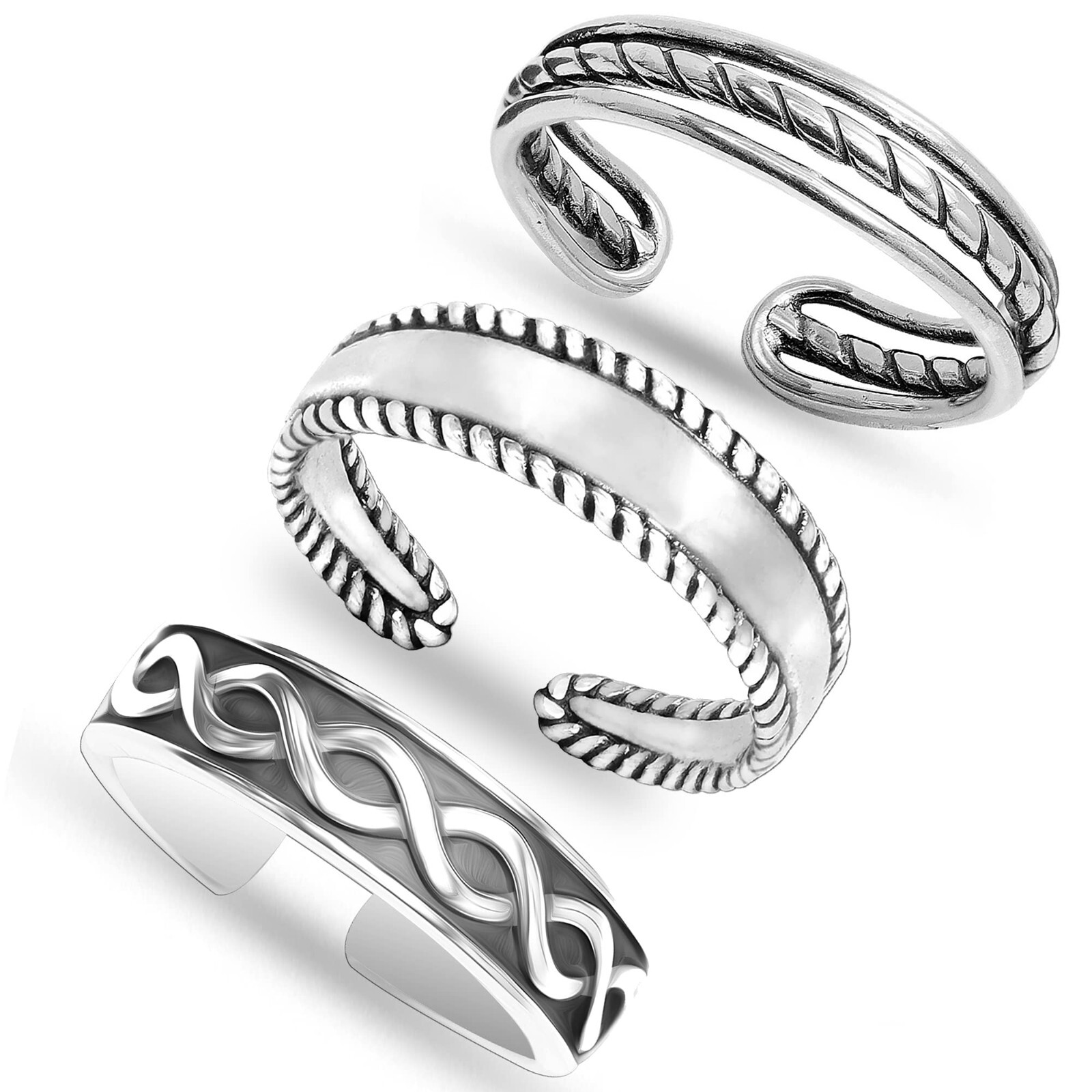 Set of 3 Pcs Pure Silver Antique Texture Open Adjustable Toe Rings for Women