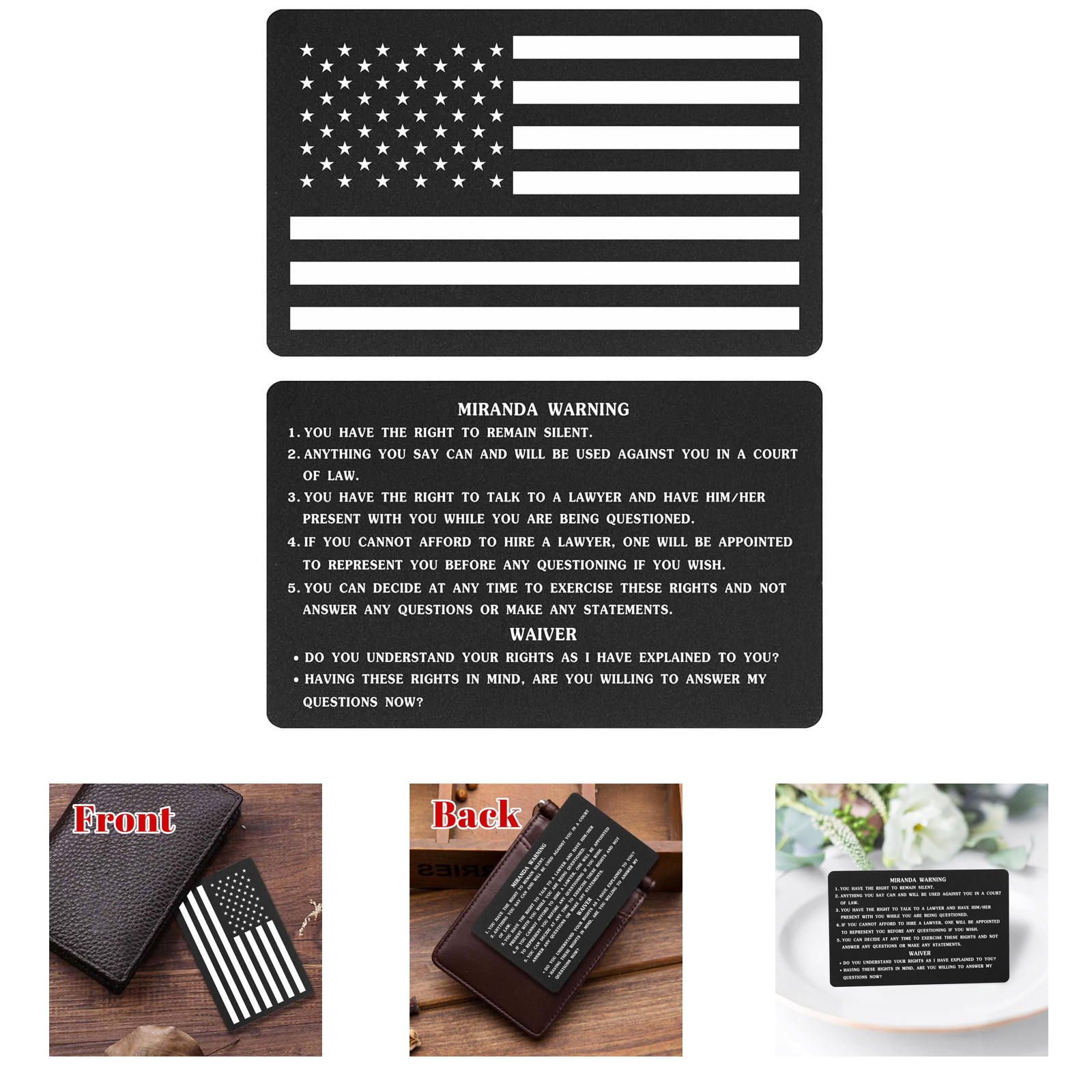Metal Miranda Warning Card with America Flag, Police Law Enforcement