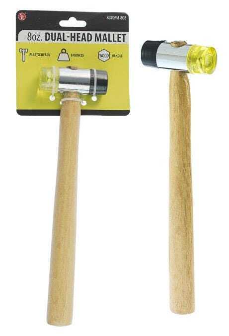 9.5"/8 oz dual plastic head mallet with wooden handle- 1" dia