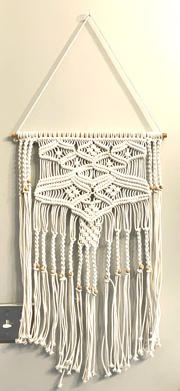 Macramé White Large Wall Hanging Boho 70s Style Art Beads Braids Diamond Pattern