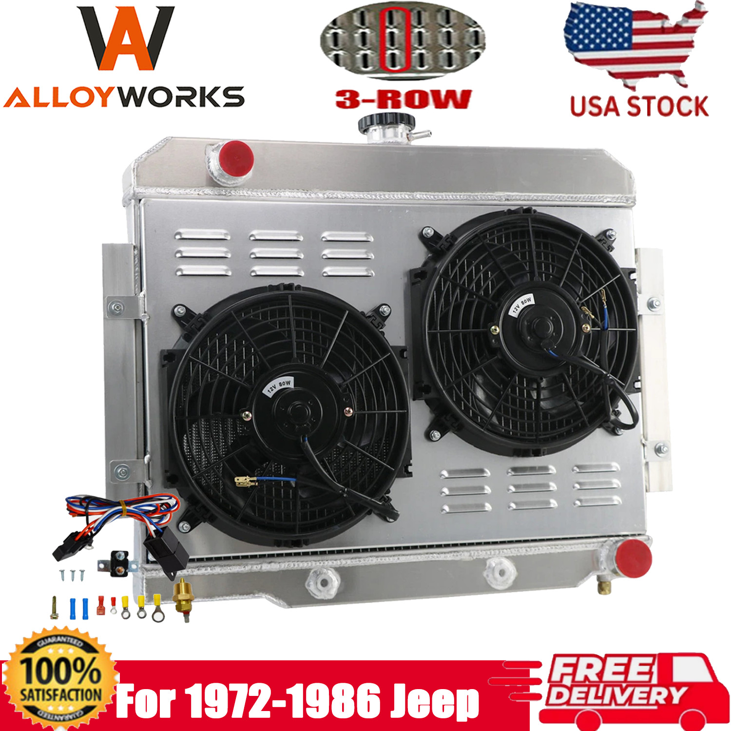 3 Row Aluminum Radiator+Shroud Fan Fits 72-86 Jeep CJ5 CJ6 CJ7 Chevy 350 V8 Sbc
